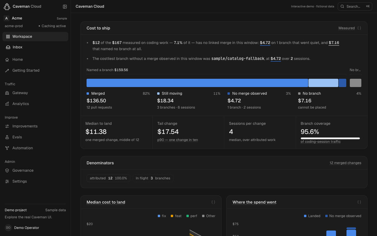 Caveman Cloud product preview with fictional sample data