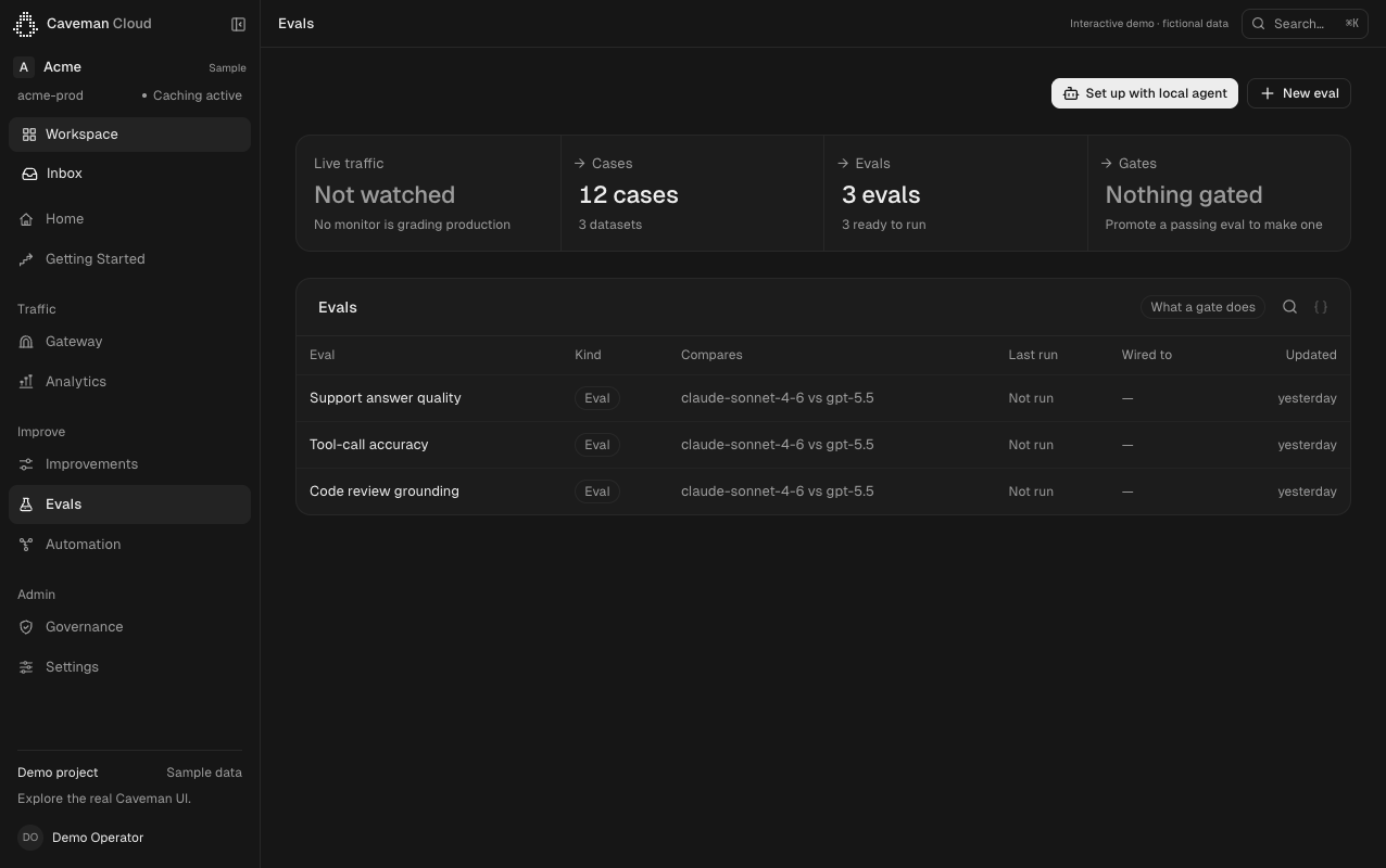 Caveman Cloud product preview with fictional sample data